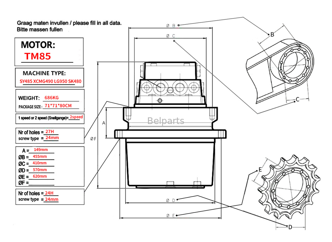 Belparts Excavator Travel Motor assy TM85 SY485 XCM490 LG950 SK480 Final Drive Assy untuk kobelco sany