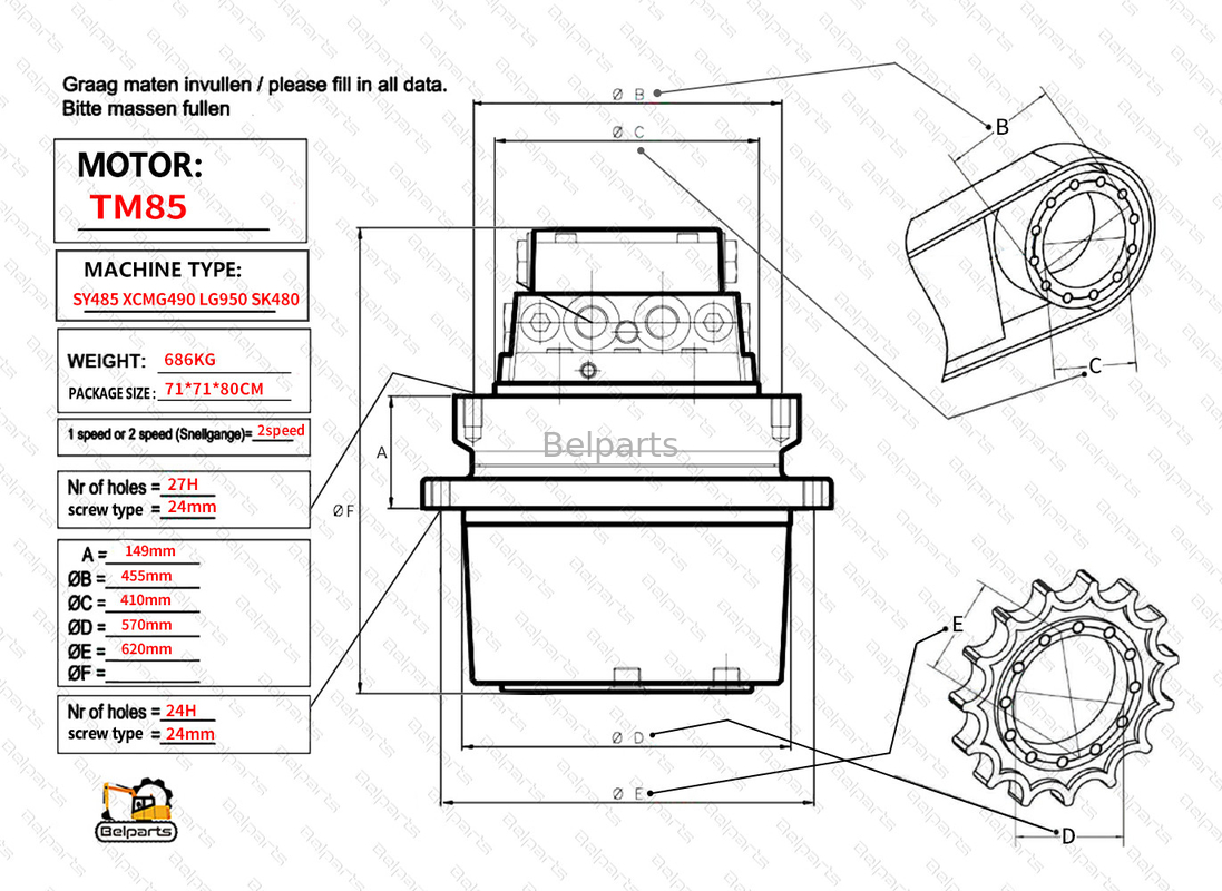 Belparts Excavator Travel Motor assy TM85 SY485 XCM490 LG950 SK480 Final Drive Assy untuk kobelco sany