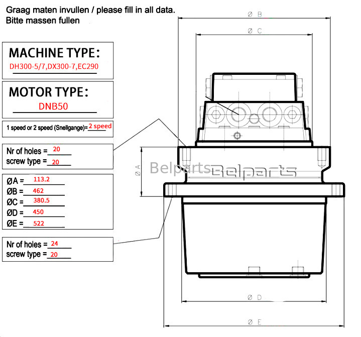 Doosan DX300-7 DH300-5 EC290 Travel Motor Assy Untuk Bagian Excavator