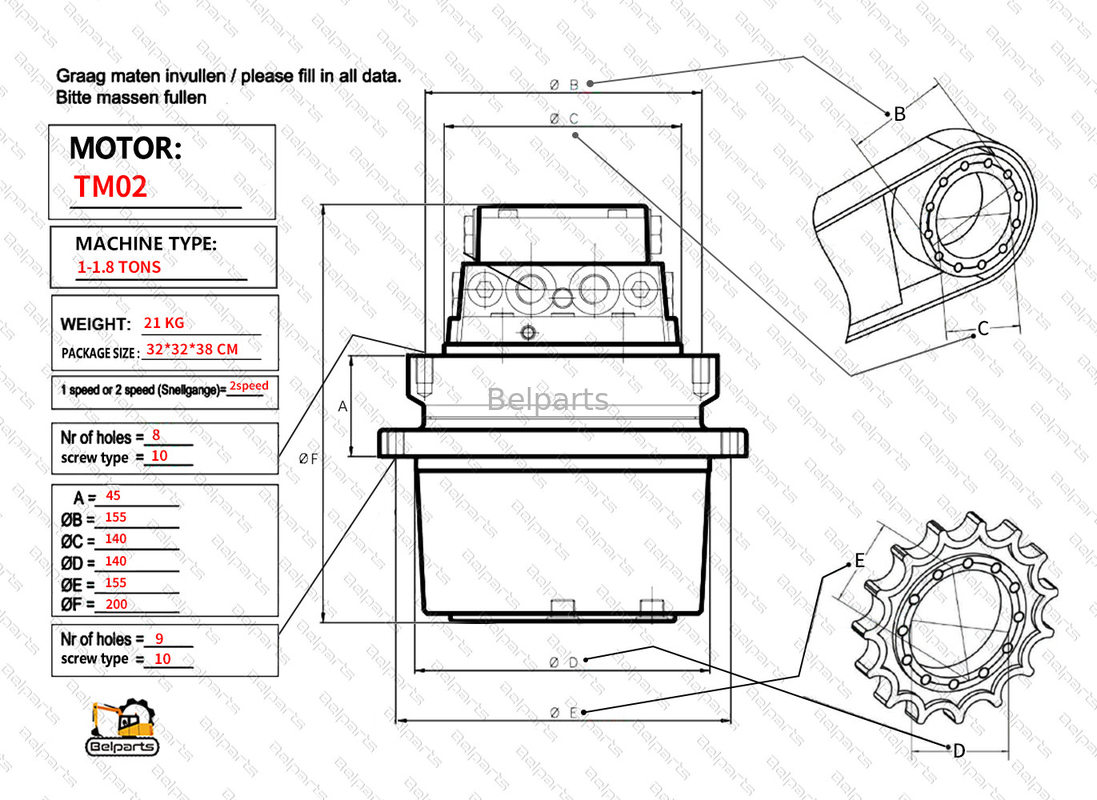 Belparts Bagian Excavator Kubota KX61-3 CX27 IHI 20NX2 U20 U25 U25.3 U25.3 Final Drive